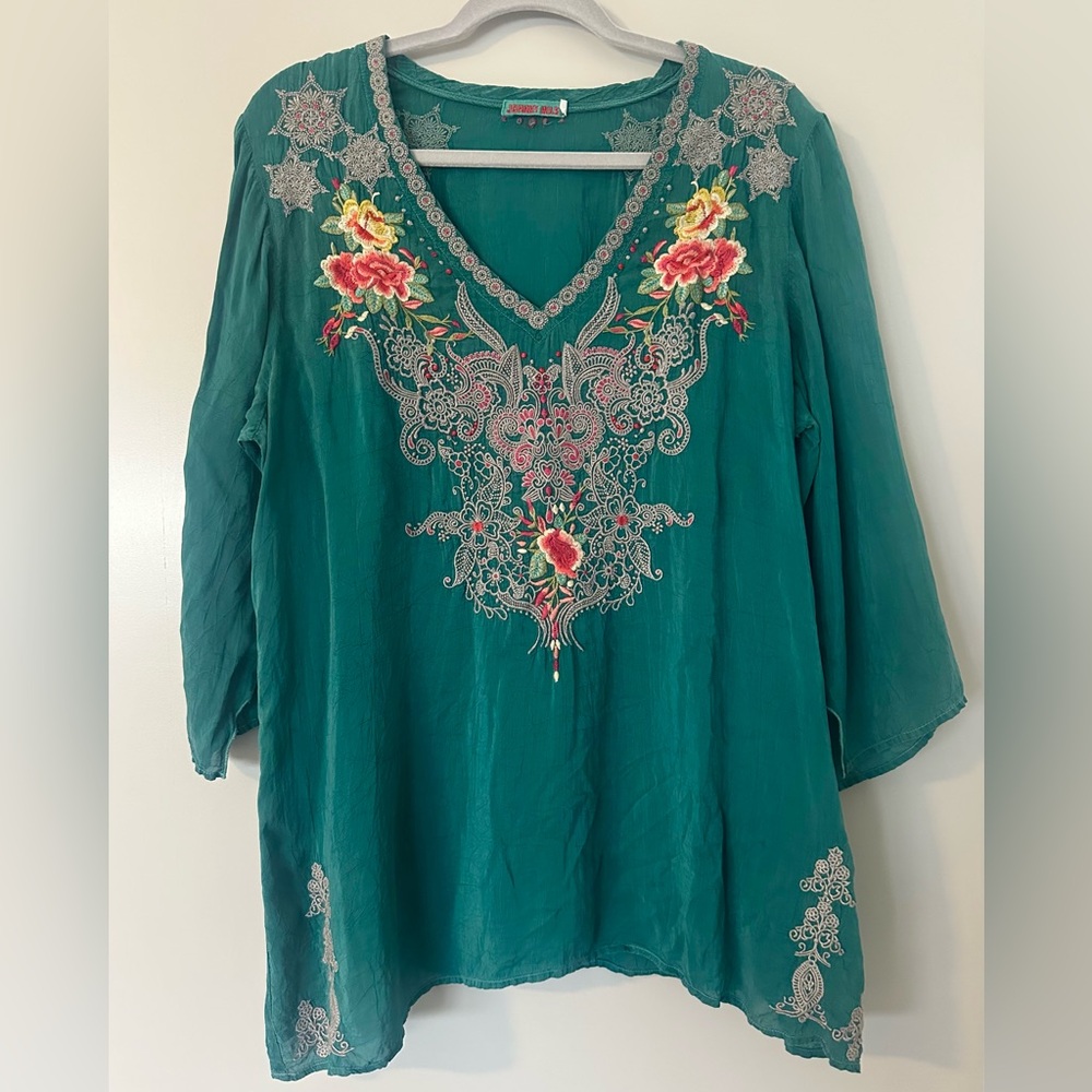 Johnny Was Teal Floral Embroidered Blouse